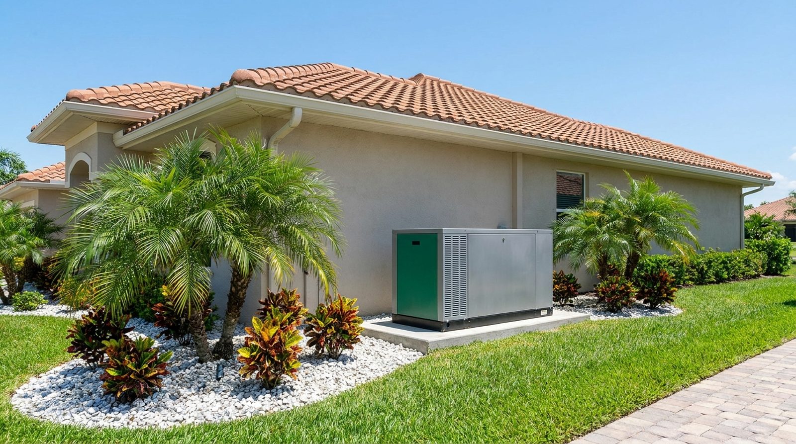 Generac standby generator installed on a concrete pad beside a Fort Myers home