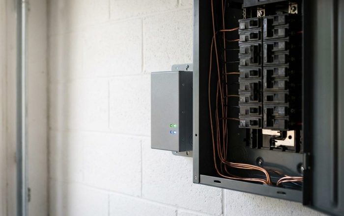 Whole home surge protection device installed at an electrical panel in a Fort Myers garage
