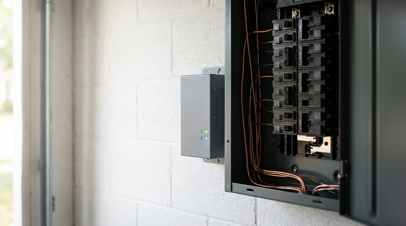 Whole home surge protection device installed at an electrical panel in a Fort Myers garage