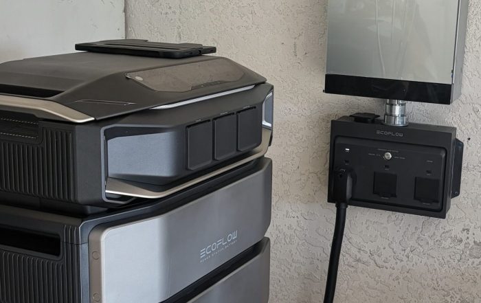 EcoFlow home battery backup stack wired to a wall-mounted EcoFlow connection box, Fort Myers